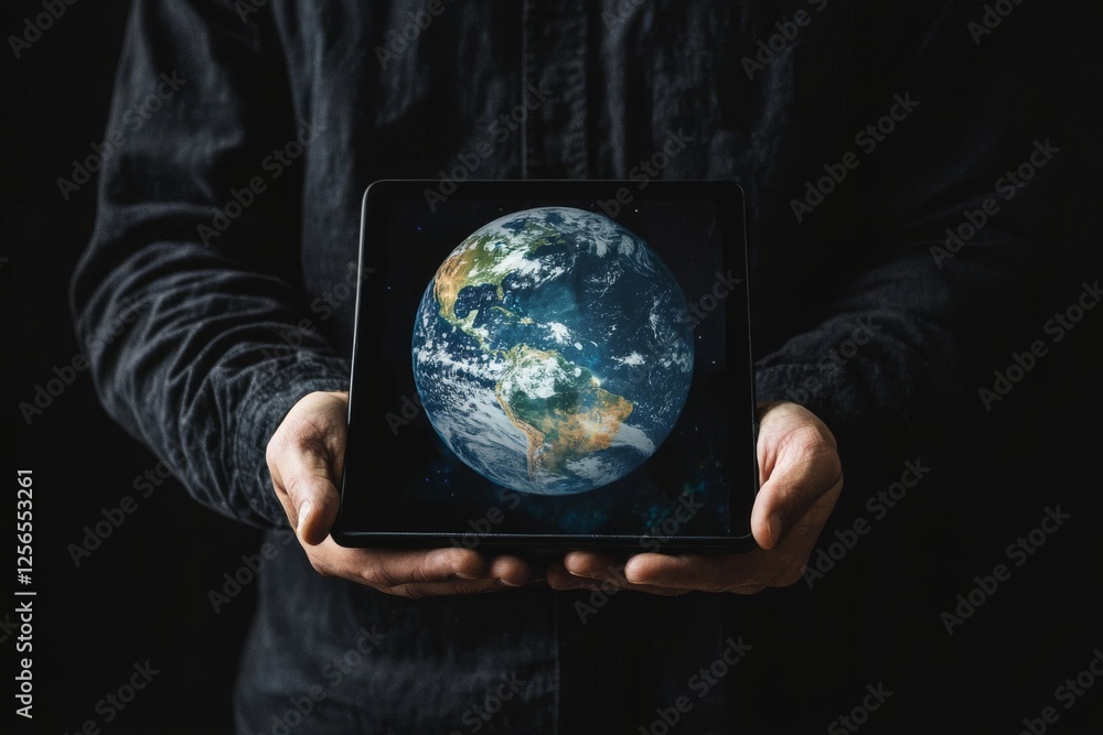 Wall mural a 3d clear globe with lines and dots on its surface, held in a hand above a tablet computer, represe