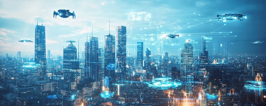 Futuristic cityscape with drones hovering above a modern skyscraper skyline