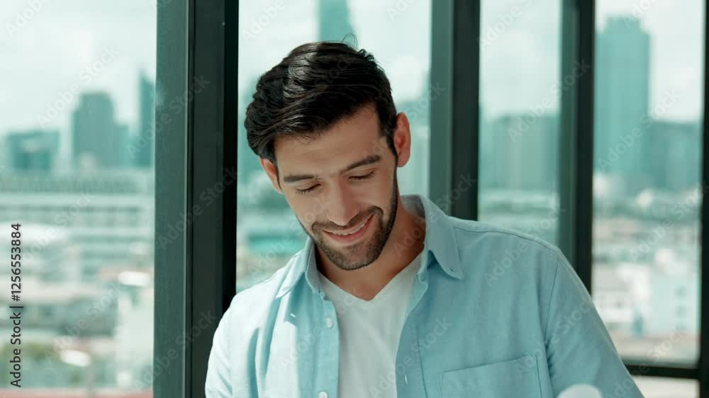 Poster professional engineer smiling while looking at skyscraper view. skilled architect in casual outfit l