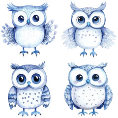 owl character of cute bird watercolor hand drawn illustration concept