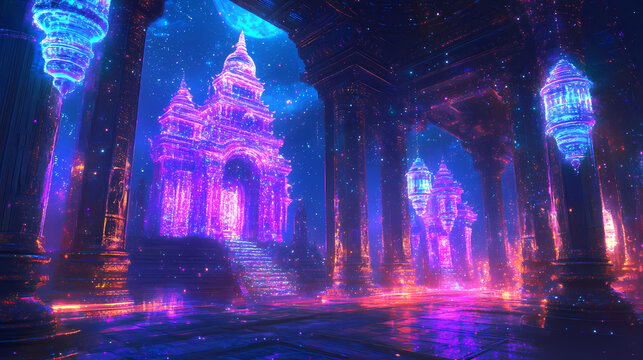 glowing neon temple