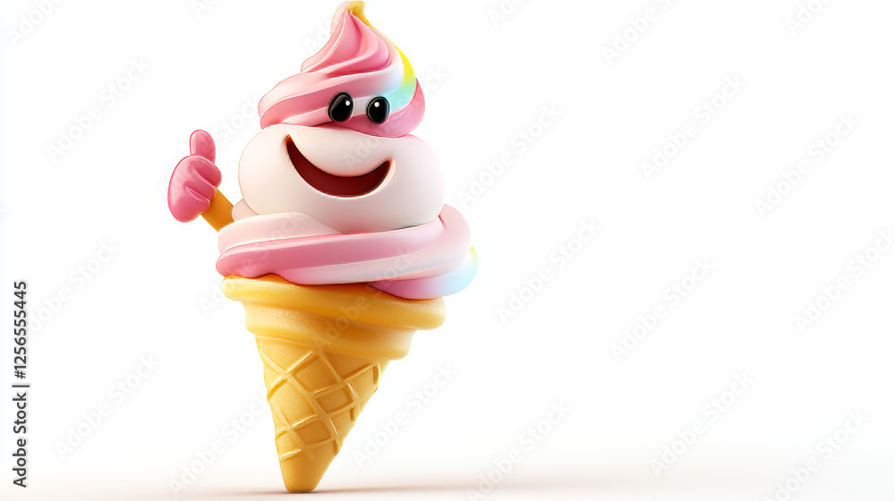 Poster groovy fast food ice cream character with a lively expression, cheerfully walking and giving a thumb
