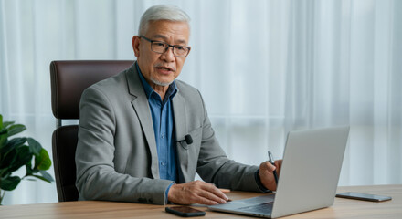 A man in a gray suit sits at a desk with a laptop and a pen