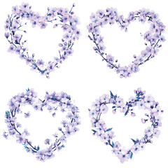 heart with flowering pink branches watercolor hand drawn illustration concept