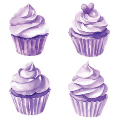 Pink cupcake watercolor hand drawn set collection