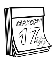 Tear-off calendar with the date March 17 and clover, St. Patrick's Day - vector linear picture for coloring. Irish holiday date	