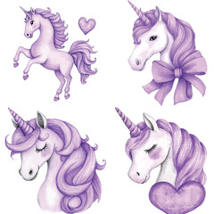 Pink unicorn watercolor hand drawn set collection