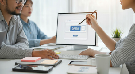 A group of people are sitting around a table with a computer monitor and a pen