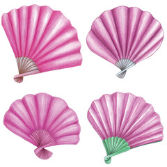 Purple hand fan watercolor set hand drawn