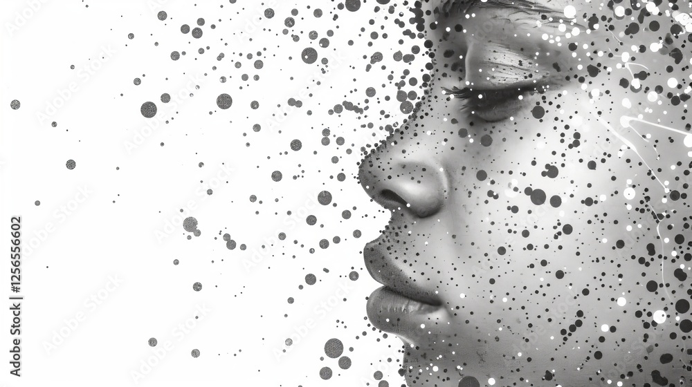 Poster a captivating side-profile portrait composed of monochrome dots, highlighting abstract digital artis
