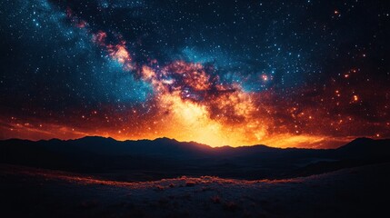 Breathtaking view of a vibrant sunset over mountains, with a starry sky illuminating the horizon
