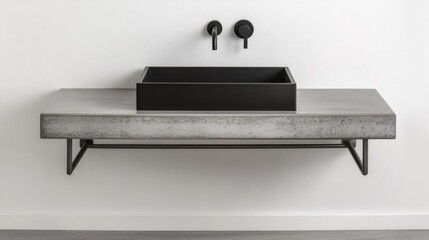 Concrete floating vanity with a matte black sink and exposed metal brackets