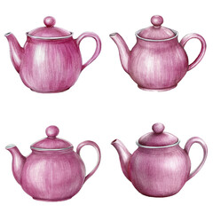 Purple teapot watercolor set hand drawn