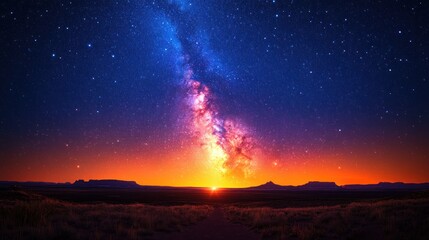 Stunning night sky showcasing the Milky Way galaxy over a serene desert landscape at sunset