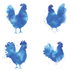 Rooster watercolor hand drawn set