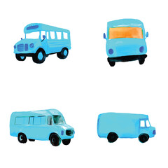 School bus watercolor hand drawn set collection