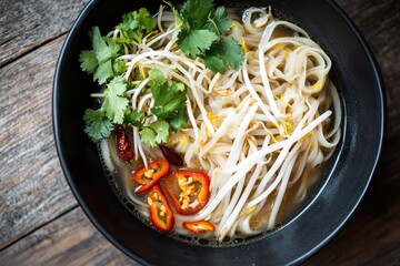 Traditional Vietnamese Phở Served on a Wooden Table with Soft Lighting