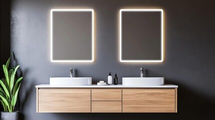 Dual floating vanity with backlit LED mirrors, elegant wood finish, and touchless faucets