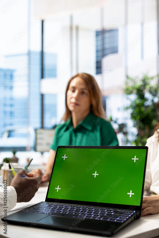 Aufkleber recruiter using green screen laptop doing interview with person after finding best talent to fill op