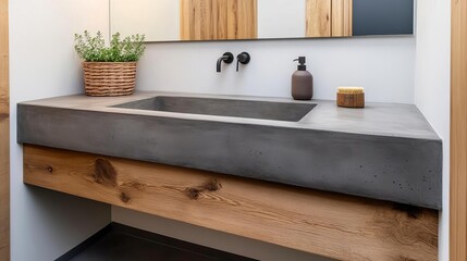 Eco-conscious floating vanity with a raw concrete finish and warm wooden accents