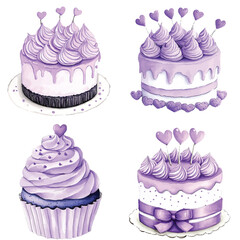 Pink frosting on cake watercolor hand drawn set collection