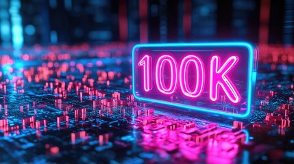 Vibrant Neon Glowing Sign for 100K in Pink and Blue Colors