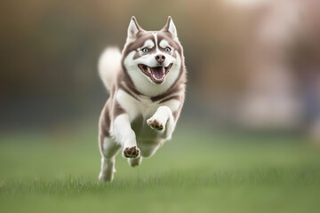 Energetic husky dog running playfully on grass outdoors with happy expression