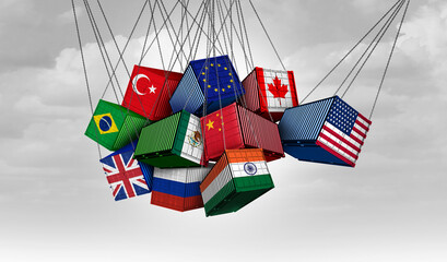 US Global Trade War and USA versus China India Canada and European union  as American tariffs with opposing cargo freight containers in conflict as an economic dispute over import and exports.