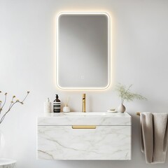 Floating marble vanity with gold hardware and an elegant LED mirror