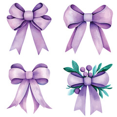 Soft pink ribbon bow watercolor hand drawn set collection