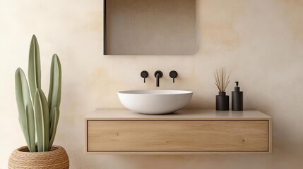 Fototapeta premium Floating vanity in a desert villa, combining earthy tones and minimalist design