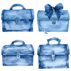 Wooden chest watercolor hand drawn set collection