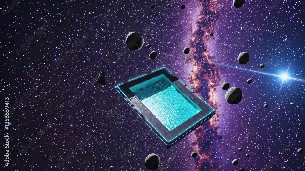 Poster modern swimming pool floating in the immensity of space surrounded by planets, nebulae and distant s