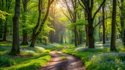 Fototapeta premium Sunlit Path Through Spring Forest