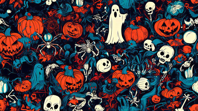 Halloween monsters vector seamless pattern. Happy Halloween holiday pumpkins and witch ghosts on trick or treat party, skeleton skull, spider, devil and vampire with dead zombie and bats