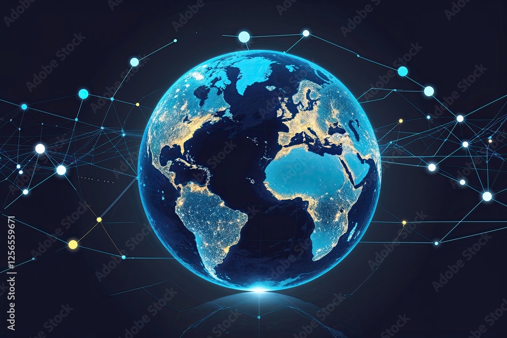 Poster global network connection illustration: earth map and globe composition for future digital communica