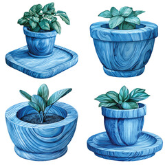 Wooden flowerpot holder watercolor hand drawn set collection