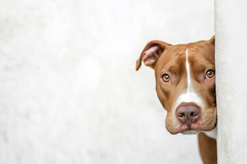 Obraz premium Pitbull dog with cute expression peeking from wall, loyal and playful pet with brown fur