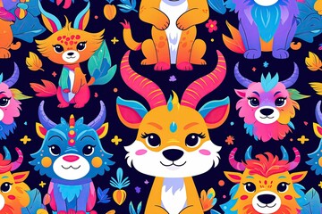 Naklejka premium Colorful Fantasy Animal Cartoon Seamless Pattern Fun 90s Style for Children