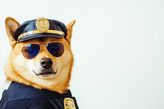 Shiba Inu dog wearing sunglasses and a uniform in a police officer costume portrait photo.