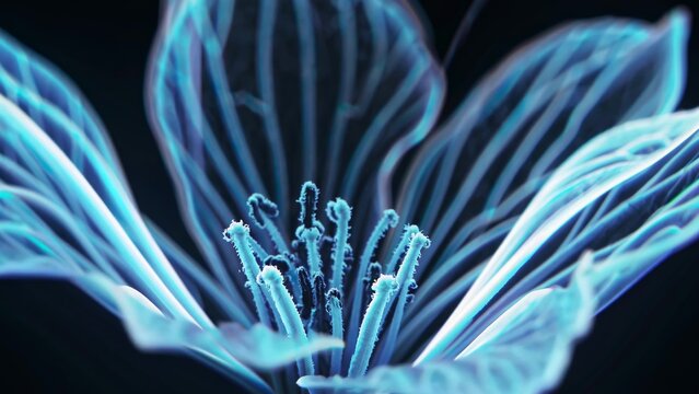 Close-up macro photograph showcasing glowing blue transparent flower petals and stamens, creating a mesmerizing and otherworldly floral display against a dark backdrop