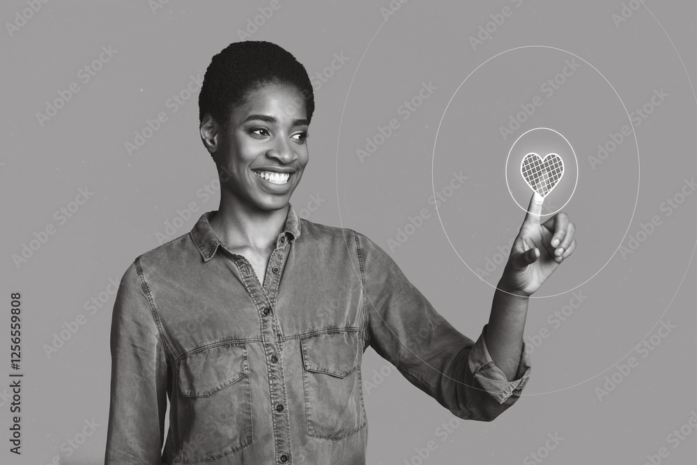 Poster creative collage image of cheerful black white effect person hand finger touch heart figure button i