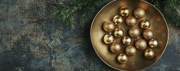 Festive gold christmas ornaments in rustic bowl with evergreen branches