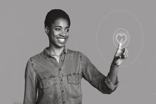Creative collage image of cheerful black white effect person hand finger touch heart figure button isolated on drawing background