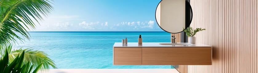Obraz premium Floating vanity in a tropical beach house with soft wood tones and ocean views