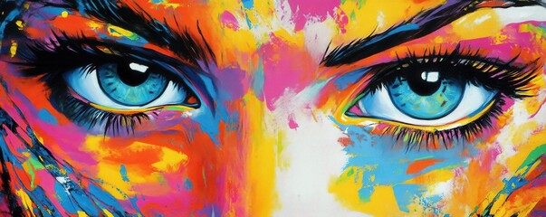 Vivid abstract portrait of female eyes in colorful brushstrokes