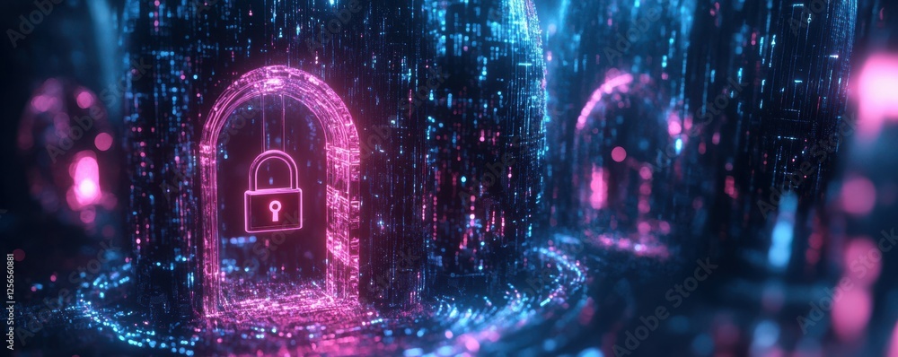 Poster neon digital lock in futuristic cyberspace with glowing data streams
