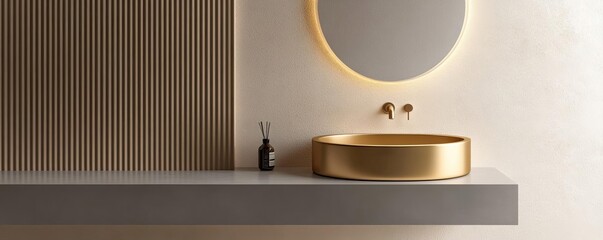 Floating vanity with a gold-rimmed sink, velvet-textured wall, and soft ambient lighting