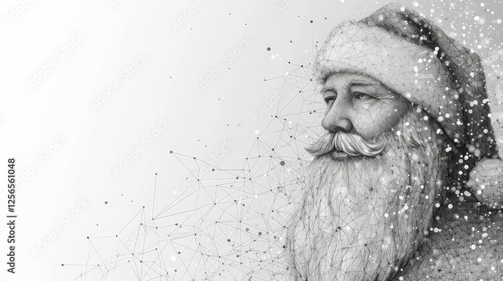 Poster digital art depicting a santa claus portrait enhanced with a complex overlay of network-like lines a