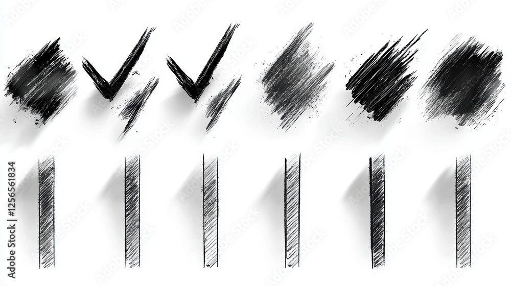 Poster a series of black marks and checkmarks on a white background.